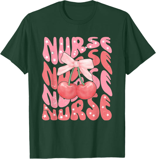 Cute Cherry Coquette Nurse Pink Bow Girlcore Nurse ICU ER RN T-Shirt - T-Shirt | Forest