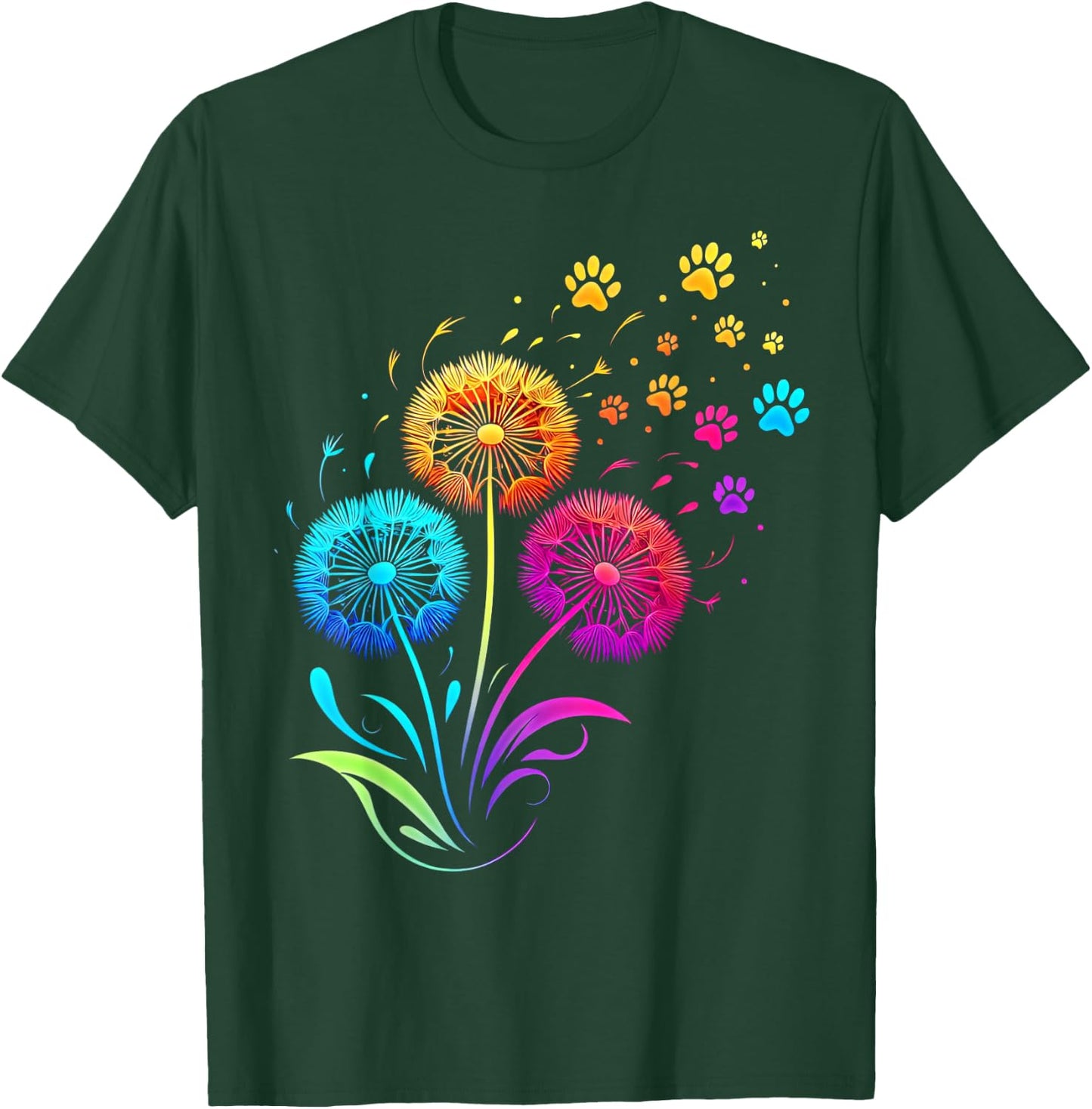 Cute Dog Paw Sunflower Dandelion Colorful Flowers Dog Paw T-Shirt - T-Shirt | Forest