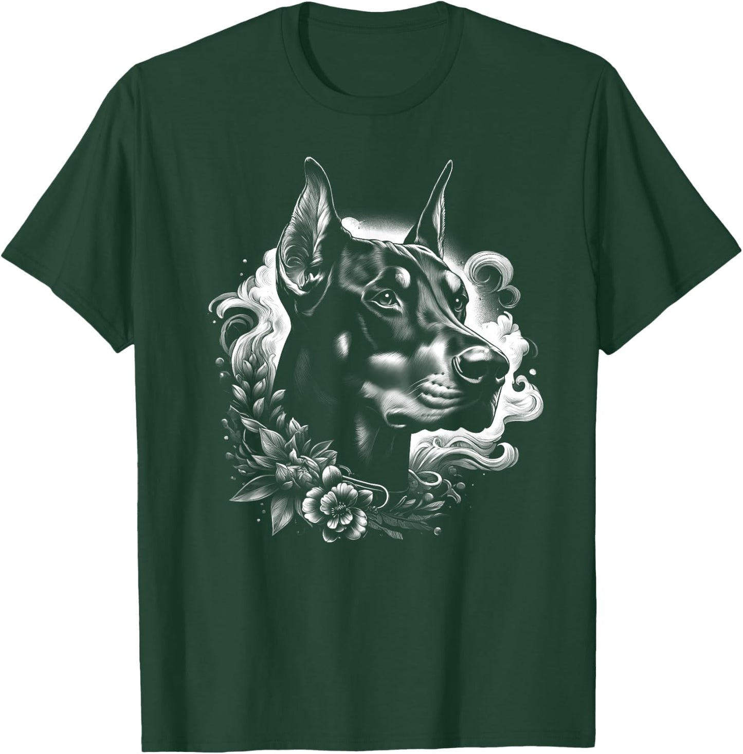 Cool Doberman Portrait with Flowers Decoration T-Shirt - T-Shirt | Forest