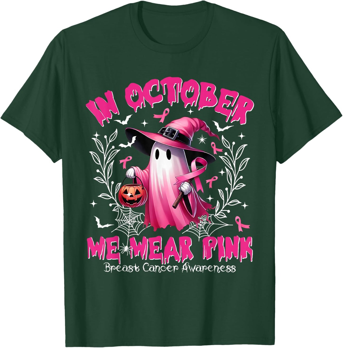 In October We Wear Pink Ghost Witch Breast Cancer Awareness T-Shirt - T-Shirt | Forest
