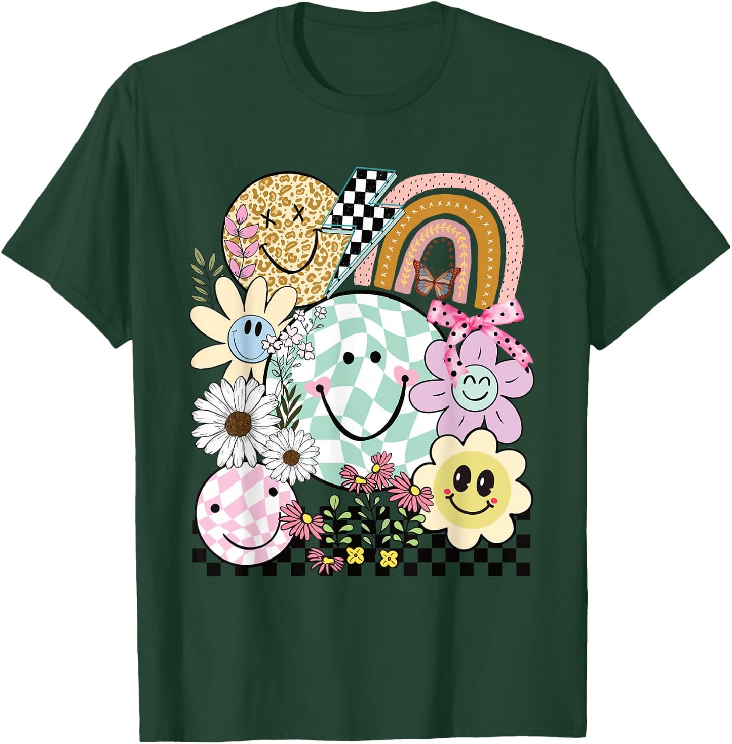 Funny Checkered Happy Smiling Smile Face Daisy Flower Girl T-Shirt - T-Shirt | Forest