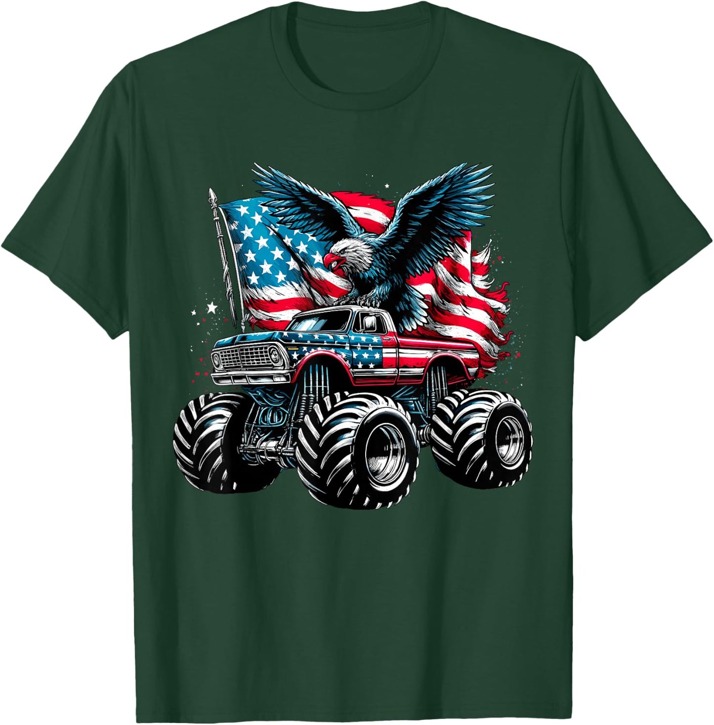 Monster Truck Bald Eagle 4th of July Boys American Flag T-Shirt - T-Shirt | Forest