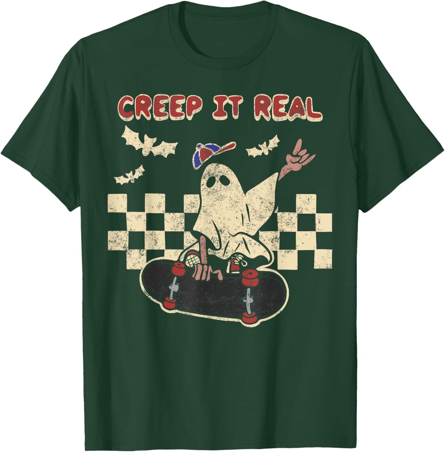 Halloween Boy Girl Retro Creep It Real Ghost on Skateboard T-Shirt - T-Shirt | Forest