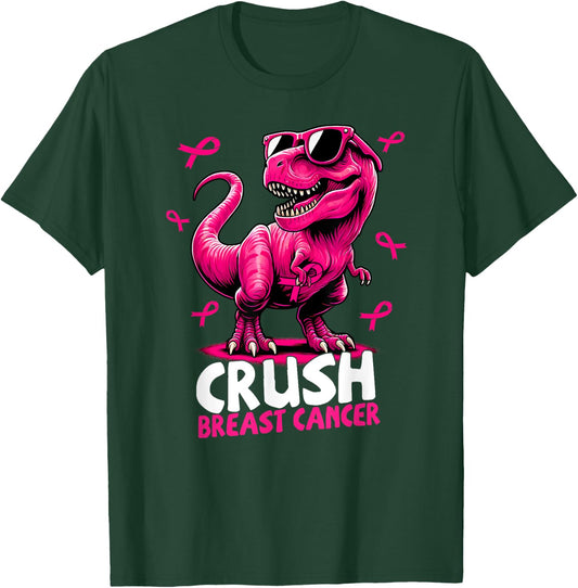 Crush Breast Cancer Dinosaur Holding Pink Ribbon Kids Mom T-Shirt - T-Shirt | Forest
