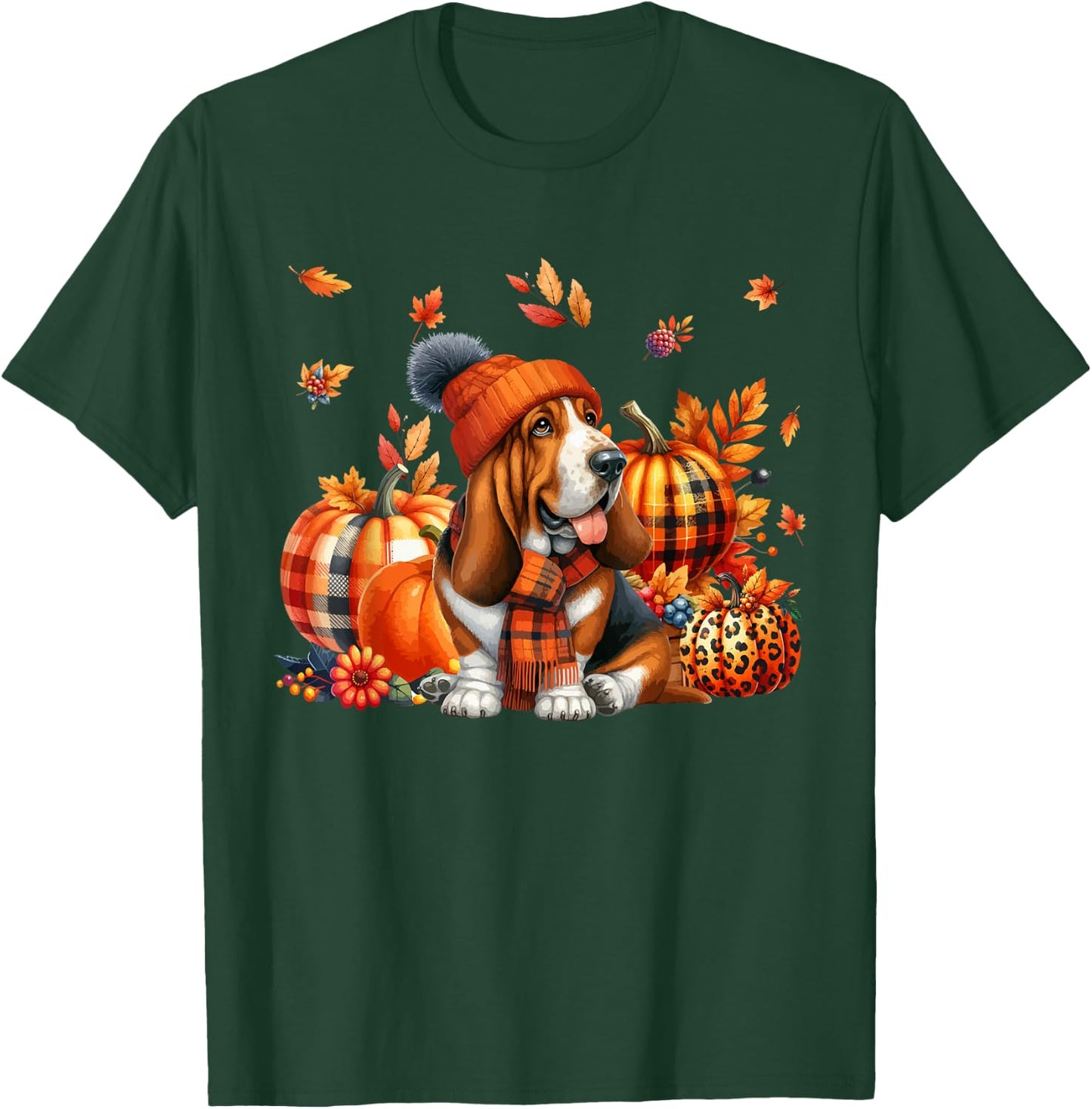 Basset Hound Thanksgiving Leopard Pumpkins Fall Leaves T-Shirt - T-Shirt | Forest