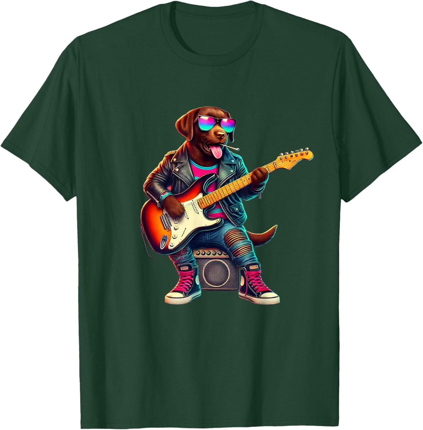 Chocolate Lab Electric Guitar Funny Dog Rock Band Musician Women Kids T-Shirt - T-Shirt | Forest