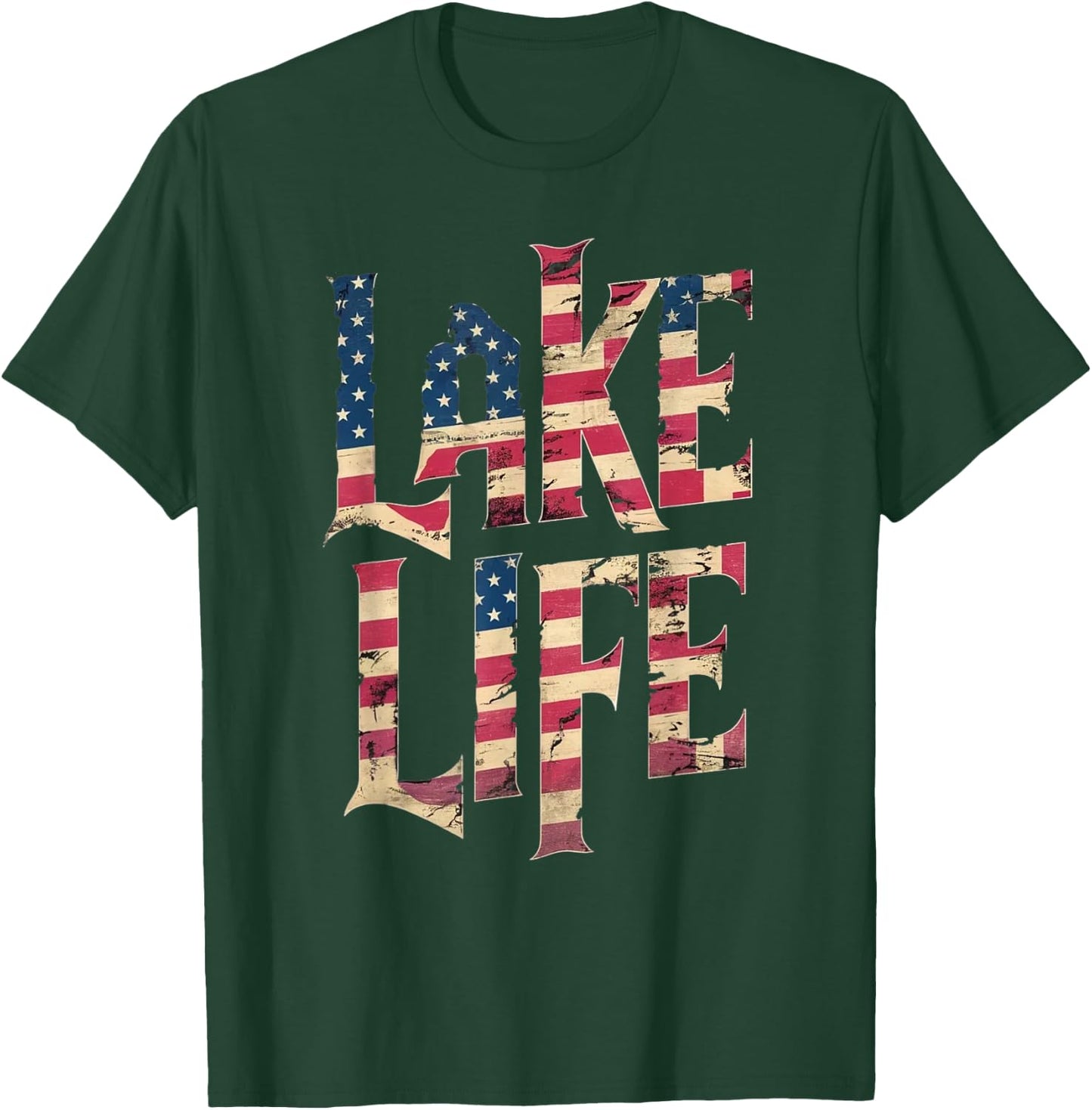 Vintage American Flag Lake Life 4th of July Patriotic Women Kids Men T-Shirt - T-Shirt | Forest