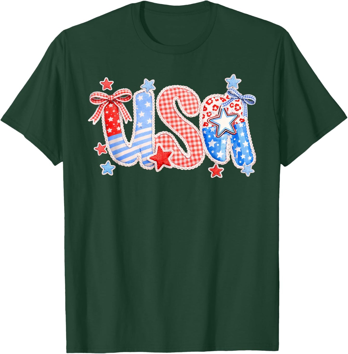 USA Coquette Bow Patchwork Lace Style 4th of July Women Girl T-Shirt - T-Shirt | Forest