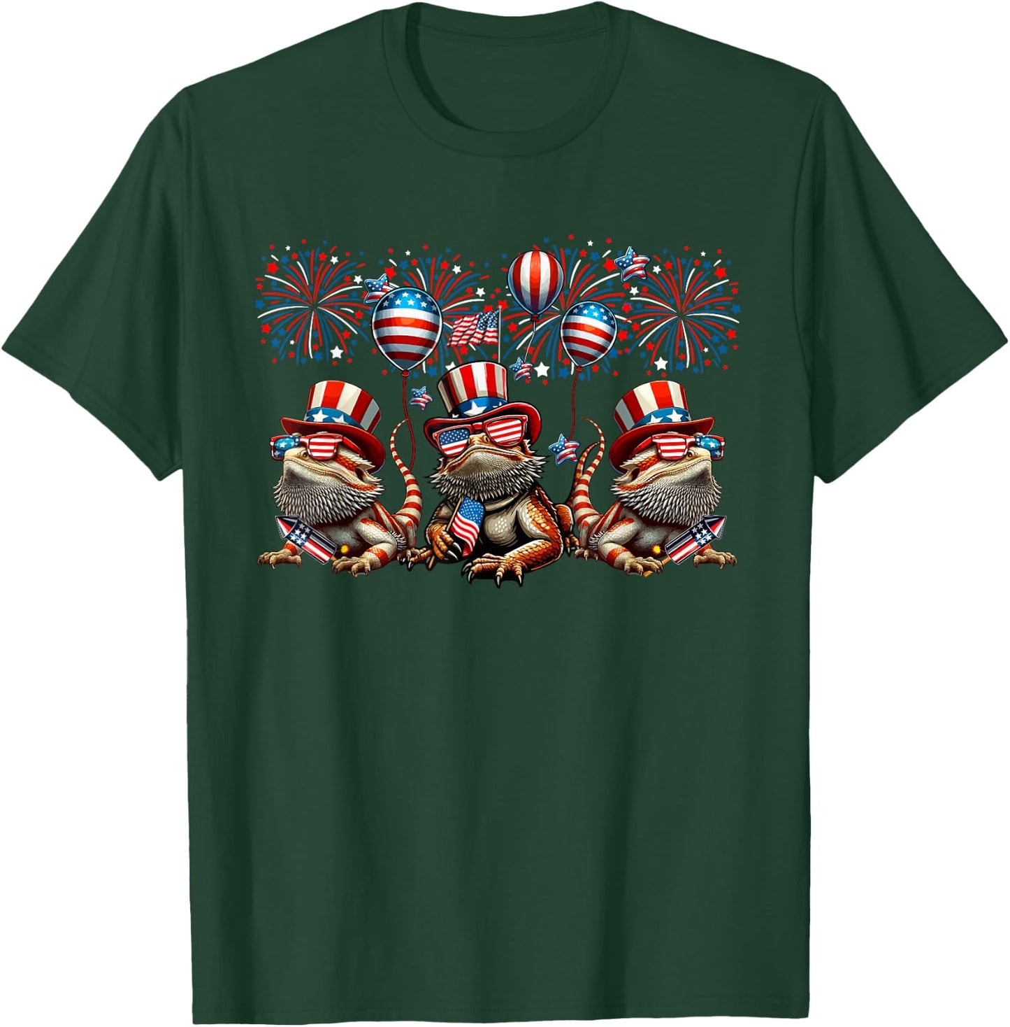 Three Cute Bearded Dragons 4th July Proud Flag Fireworks T-Shirt - T-Shirt | Forest