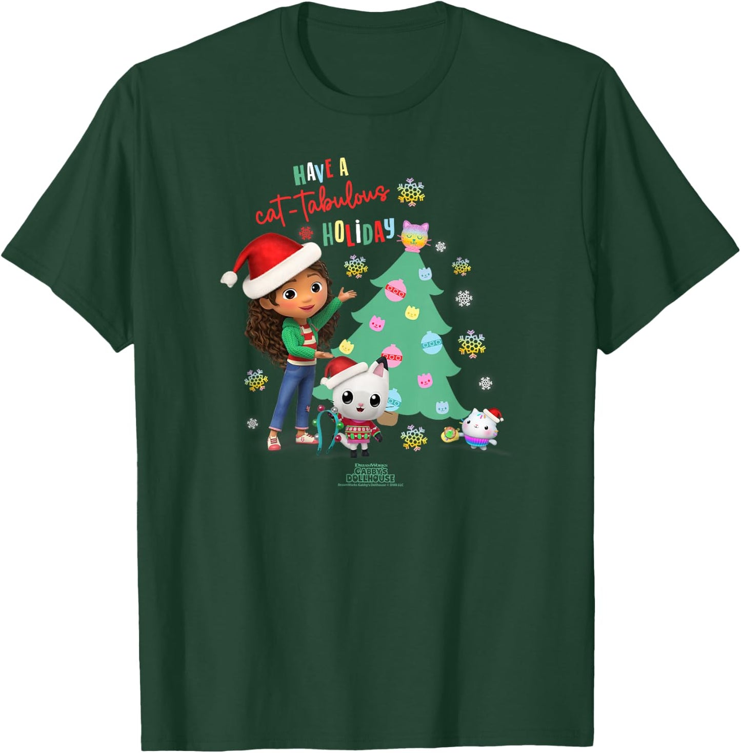 DreamWorks Gabby's Dollhouse Kids Black Cartoon Christmas , Short Sleeve, Small, Cat-tabulous Holiday T-Shirt - T-Shirt | Forest
