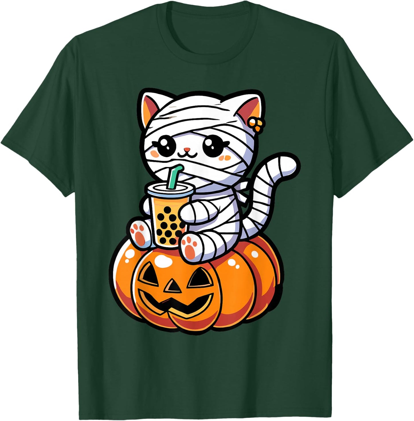 Kawaii Mummy Cat Drinking Boba Tea Halloween Pumpkin Men Women Kids T-Shirt - T-Shirt | Forest