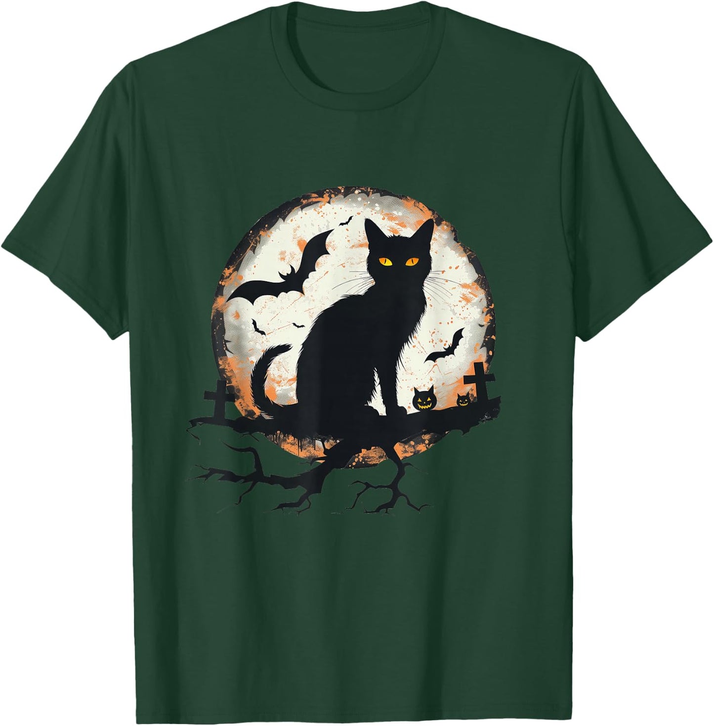 Halloween Cat Pumpkin Bat Moon Cemetery Scary Men Women Kids T-Shirt - T-Shirt | Forest