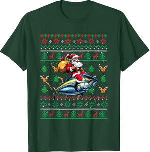 Santa Riding Tuna Christmas Sweater Fishing Fisherman T-Shirt - T-Shirt | Forest