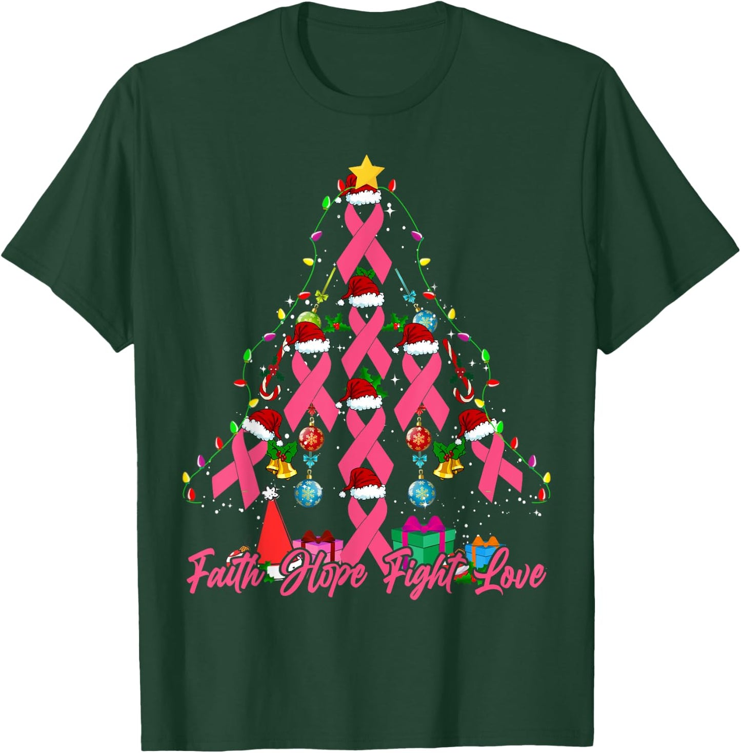 Santa Pink Ribbon Christmas Tree Breast Cancer Awareness T-Shirt - T-Shirt | Forest