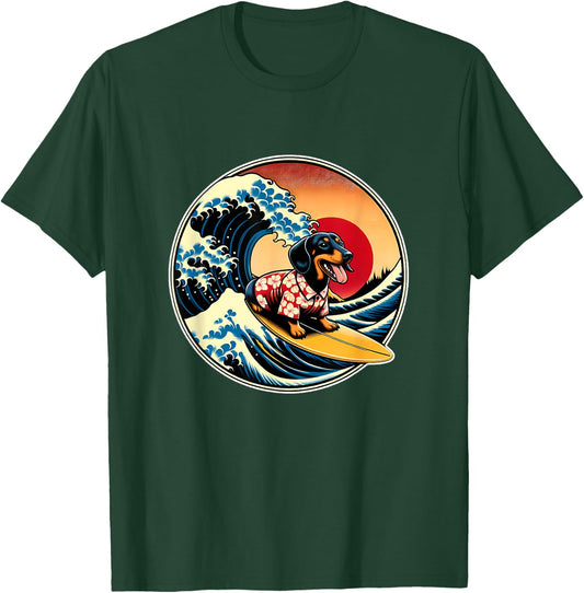 Great Wave Kanagawa Weiner Dachshund Dog Surfing Men Women Kids T-Shirt - T-Shirt | Forest