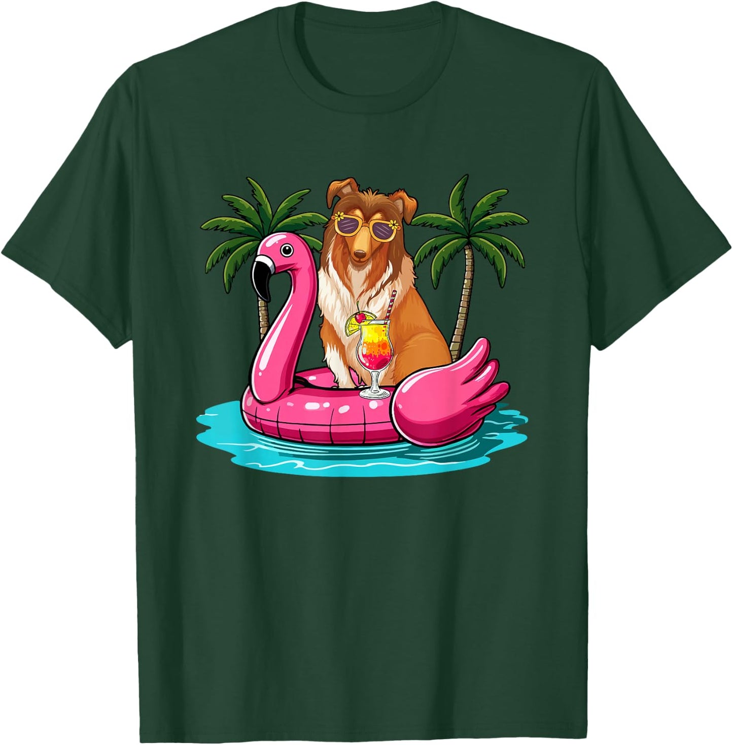 Sheltie Sunglasses On Flamingo Cute Float Costume Summer T-Shirt - T-Shirt | Forest