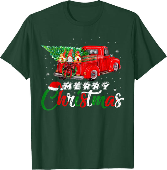 Three Gnomes In Red Truck With Christmas Pine Tree Xmas Day T-Shirt - T-Shirt | Forest