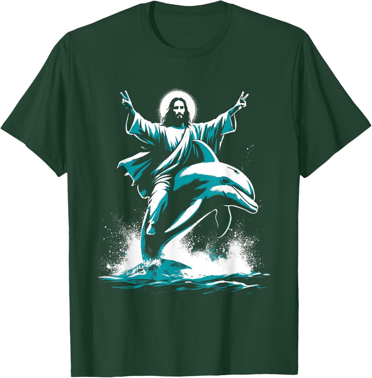 Jesus Riding A Dolphin - Funny Christian Religious Dolphin T-Shirt - T-Shirt | Forest