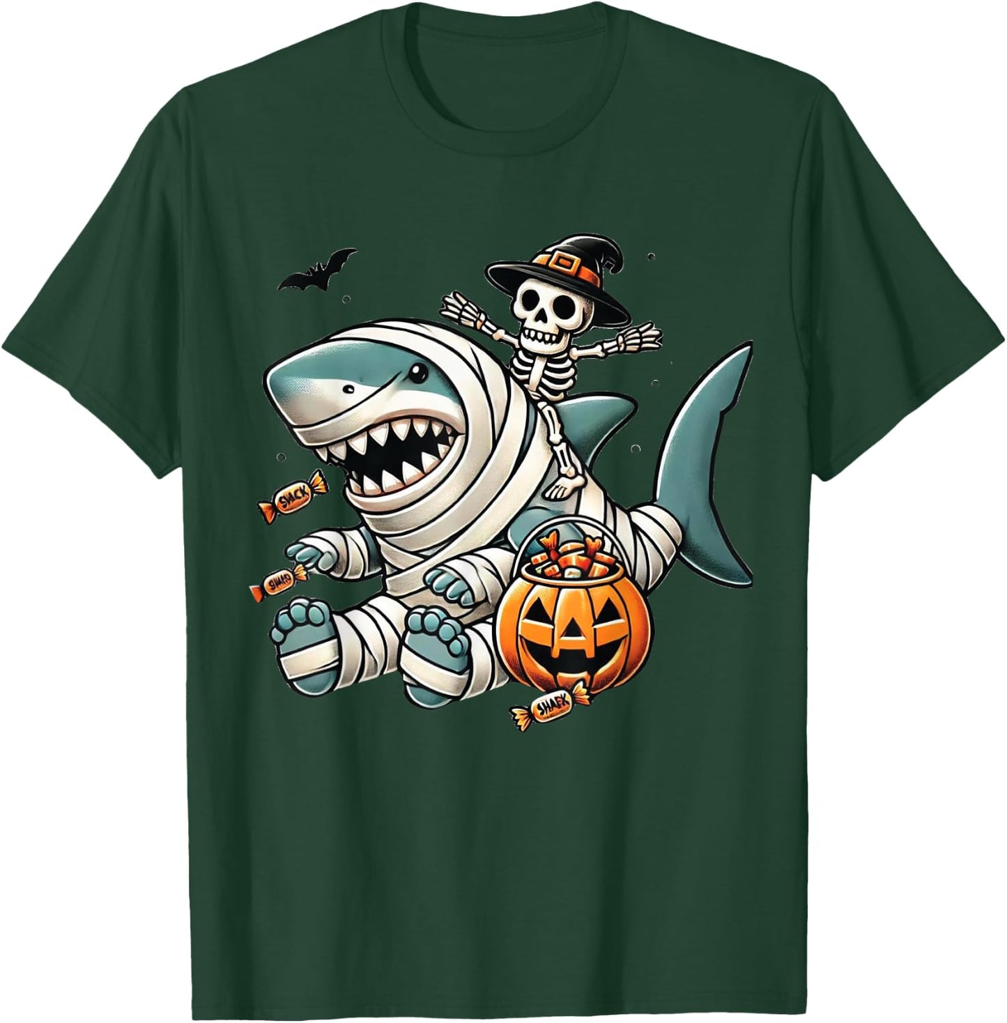 Skeleton Riding Shark Funny Halloween Pumpkin Boys Kids T-Shirt - T-Shirt | Forest