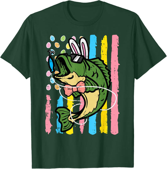 Easter Bass Fish Bunny US Flag Patriot Fishing Men Women Kid T-Shirt - T-Shirt | Forest
