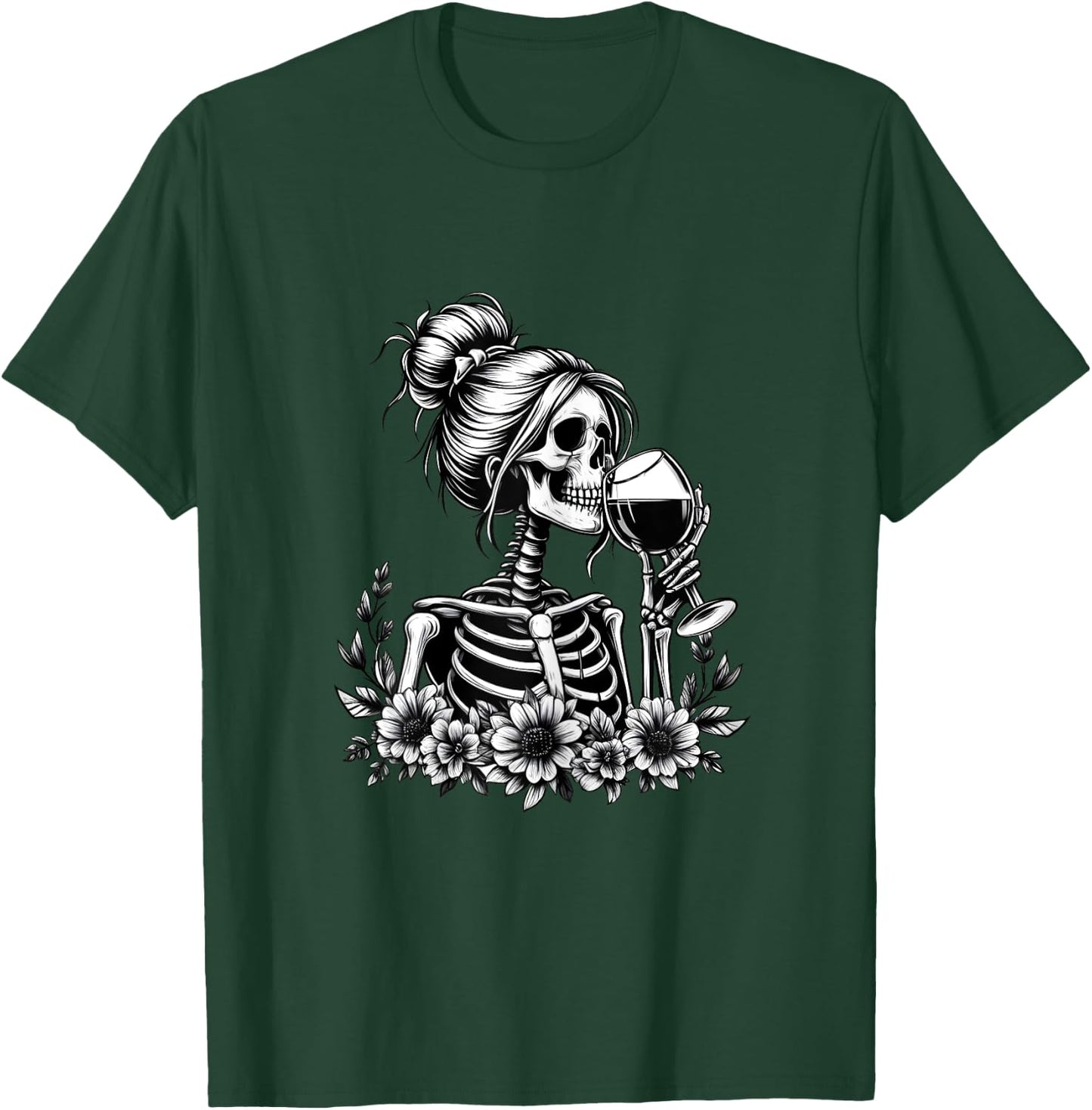 Female Skeleton Wine Drinking Messy Bun Vintage Halloween T-Shirt - T-Shirt | Forest