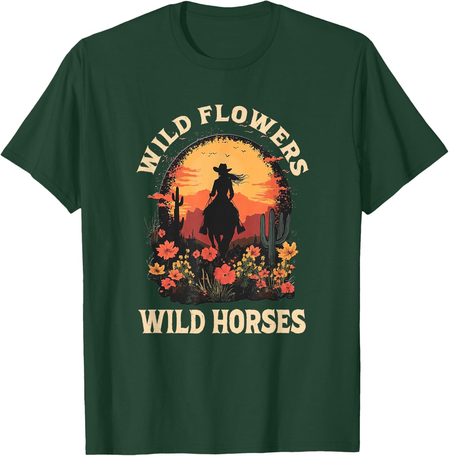 Western Cowgirl Rides Wild Horse Wild Flowers Wild Horses T-Shirt - T-Shirt | Forest