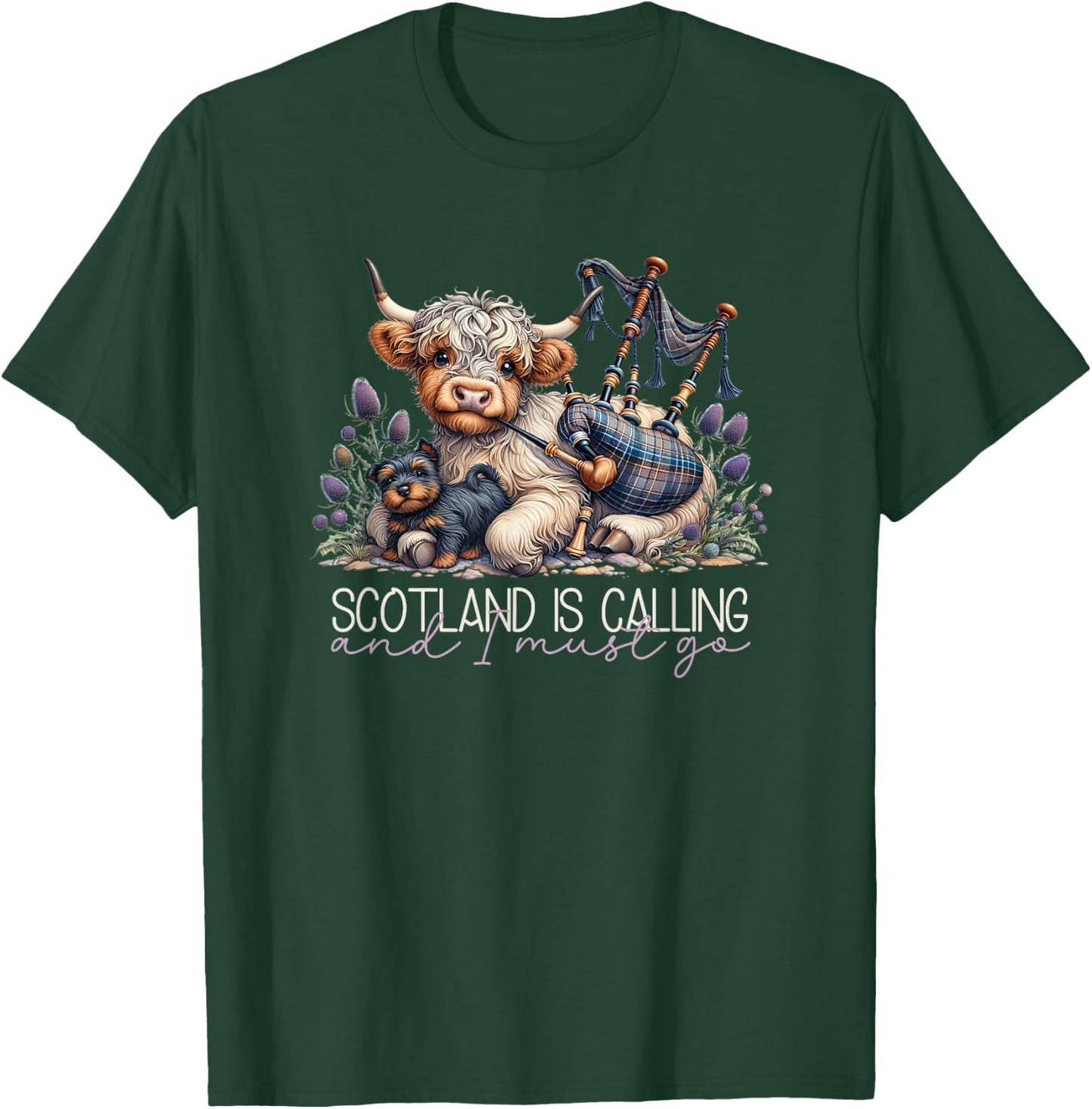 Scotland is Calling Scottish Highland Cow Bagpipes & Thistle T-Shirt - T-Shirt | Forest