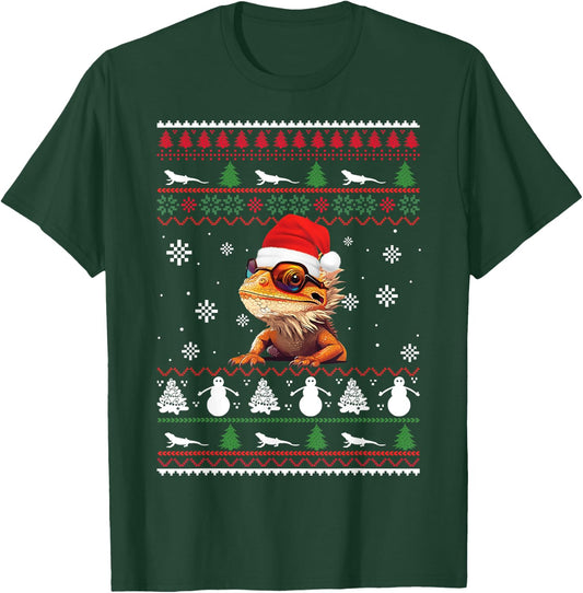 Men Women Kids Cute Bearded Dragon Santa Hat Christmas Ugly T-Shirt - T-Shirt | Forest