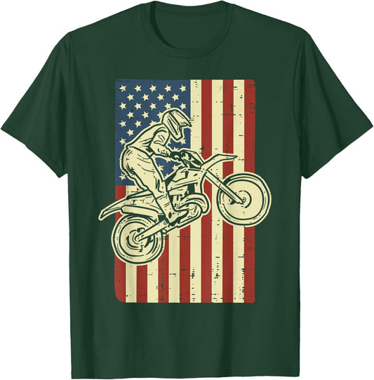 Dirt Bike US Flag Vintage Motocross Biker Men Women Kids T-Shirt - T-Shirt | Forest