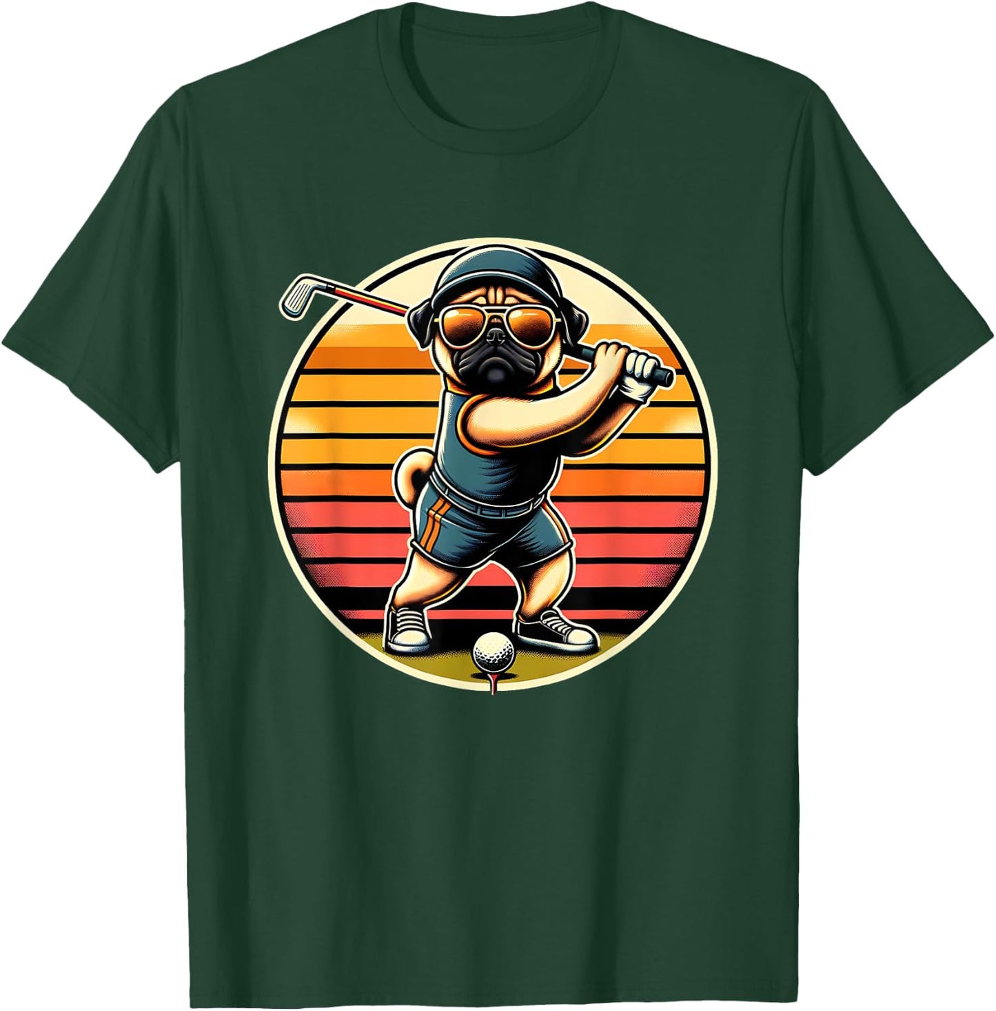 Pug Dog Golfer With Sunglasses Funny Golfing Art Men Women Kids T-Shirt - T-Shirt | Forest