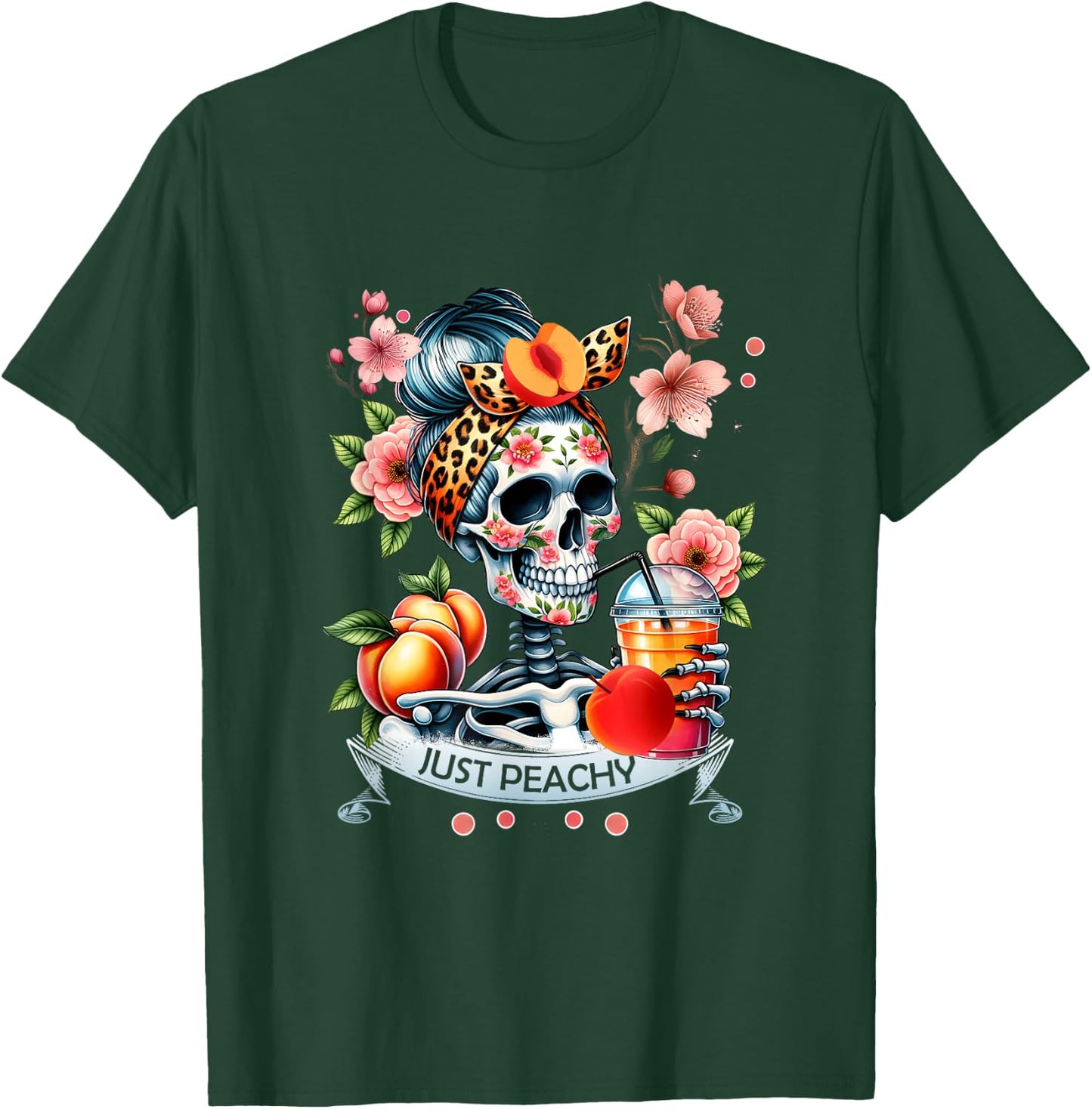 Floral Just-Peachy Skeleton Drink Badana Leopard Humor T-Shirt - T-Shirt | Forest