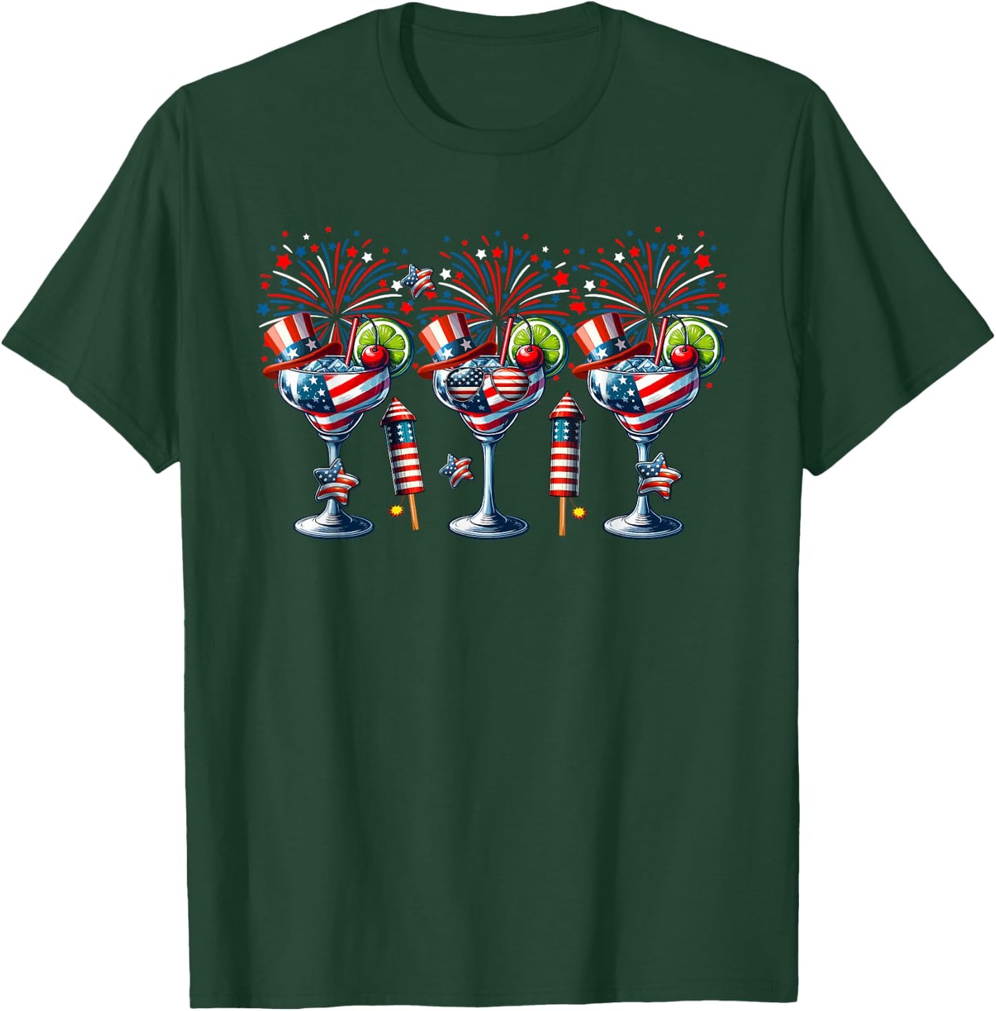 Three Glasses Of Cocktail Funny Drinker Patriotic 4th July Women Men T-Shirt - T-Shirt | Forest