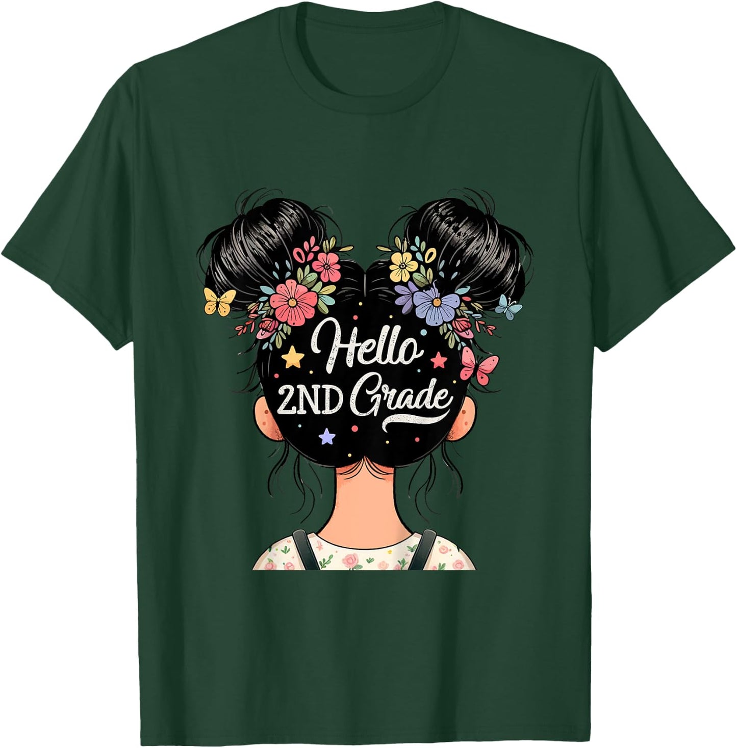 Kids Hello 2nd Grade Messy Hair Bun Girl Back To School Kids T-Shirt - T-Shirt | Forest