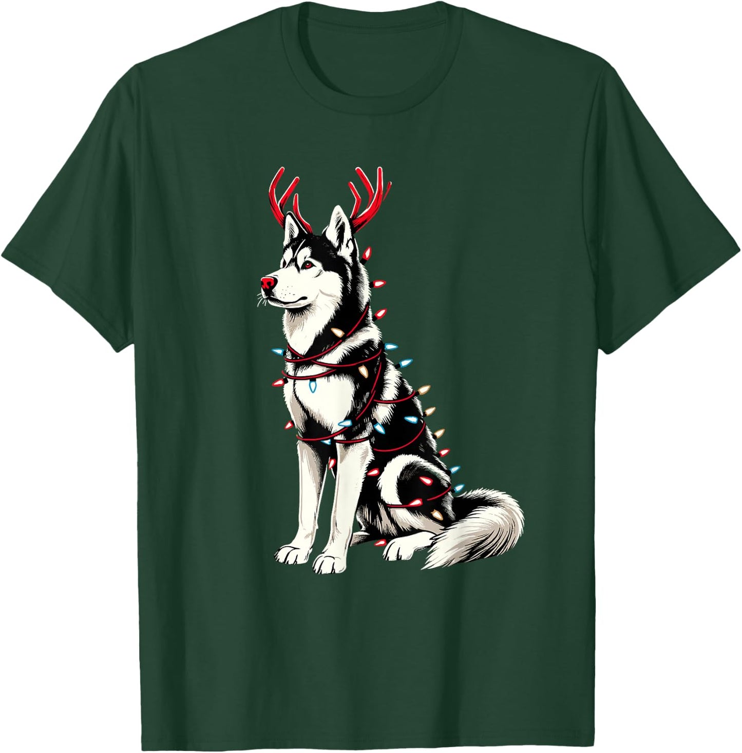 Siberian Husky Santa Christmas Lights Pajama, Merry Wolfmas T-Shirt - T-Shirt | Forest