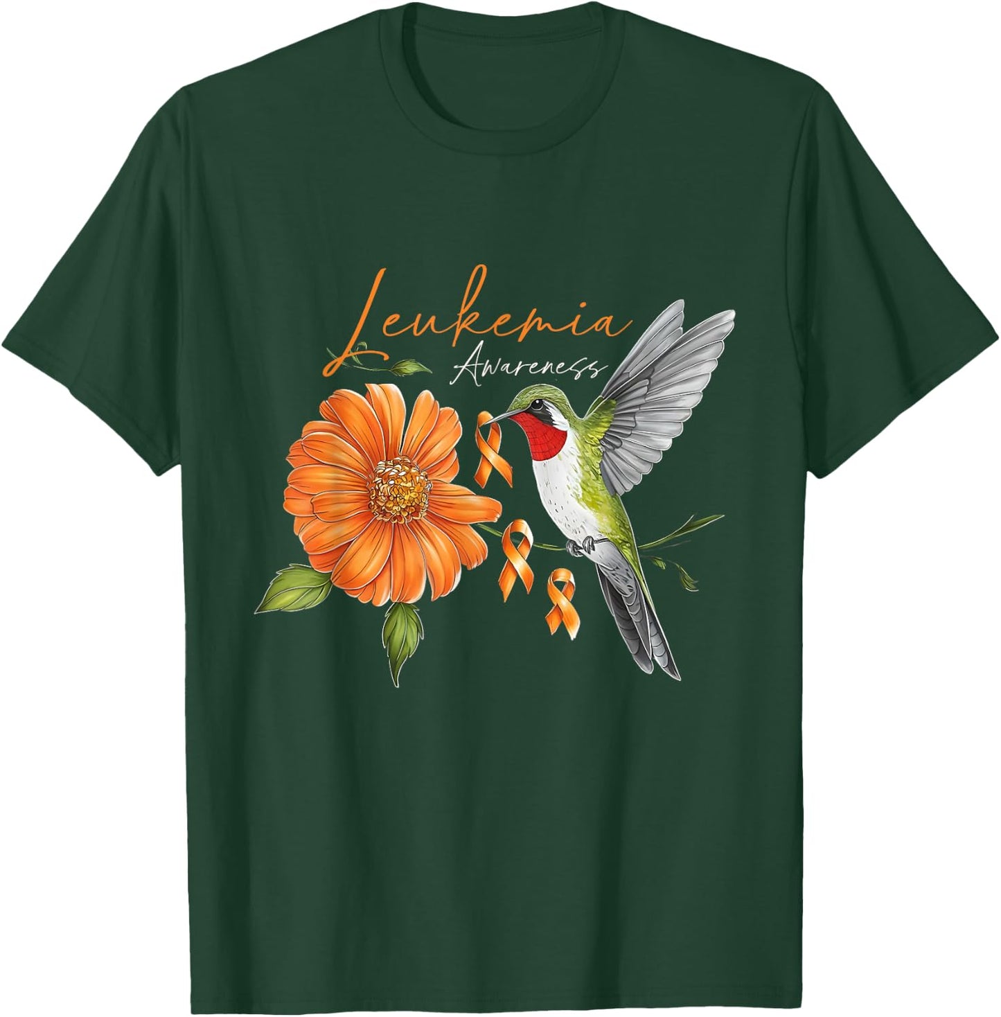 Hummingbird Orange Ribbon Sunflower Daisy Leukemia Awareness T-Shirt - T-Shirt | Forest