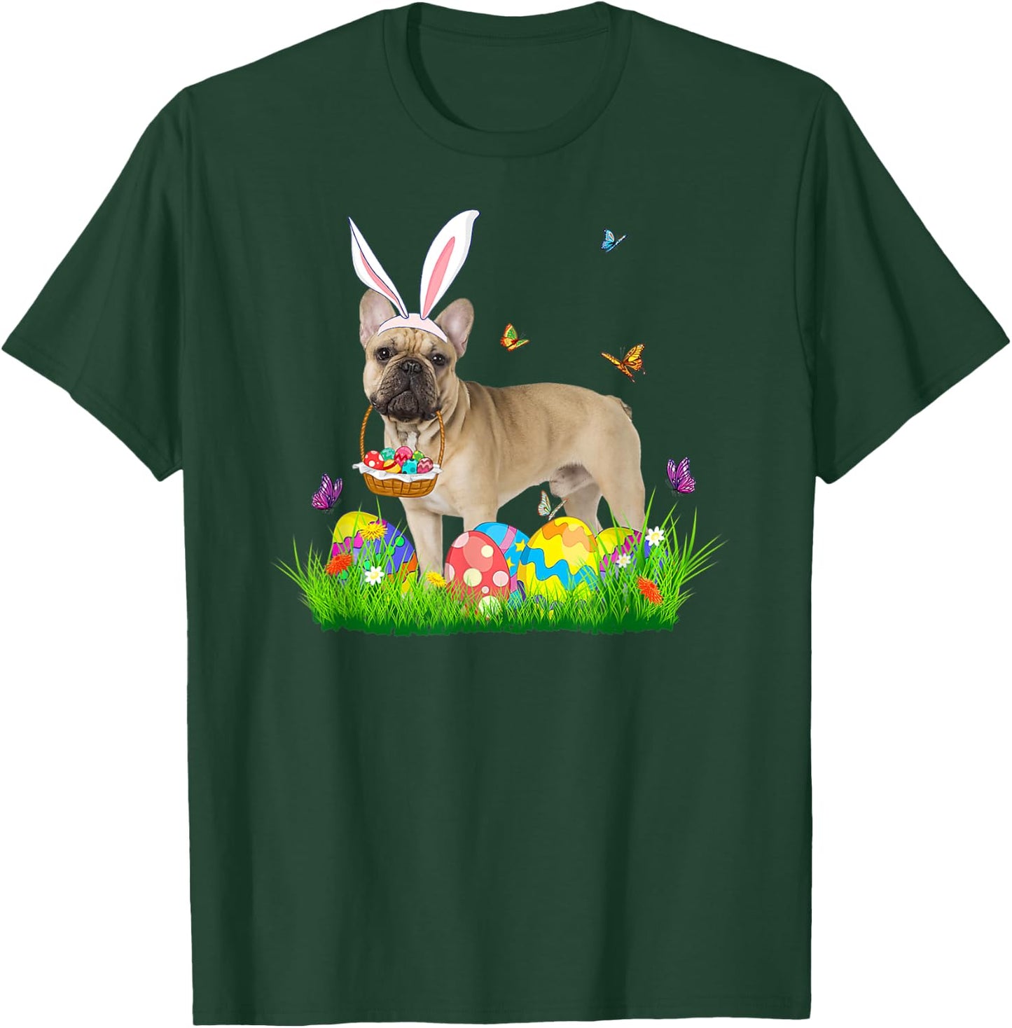 Bunny French Bulldog With Egg Basket Easter Hunting Egg Men Women T-Shirt - T-Shirt | Forest