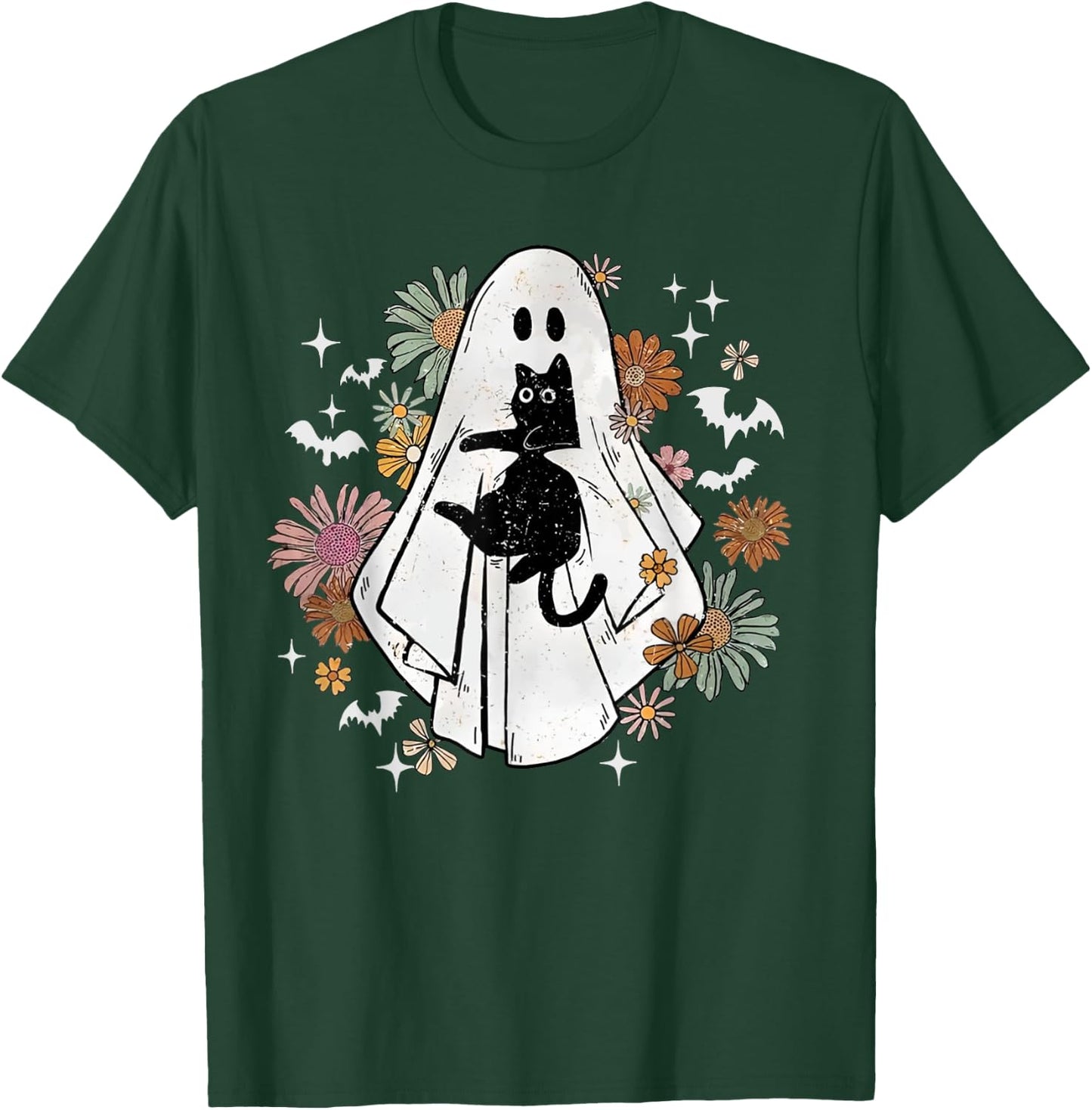 Spooky Ghost Holding Black Cat Groovy Floral Halloween Goth T-Shirt - T-Shirt | Forest