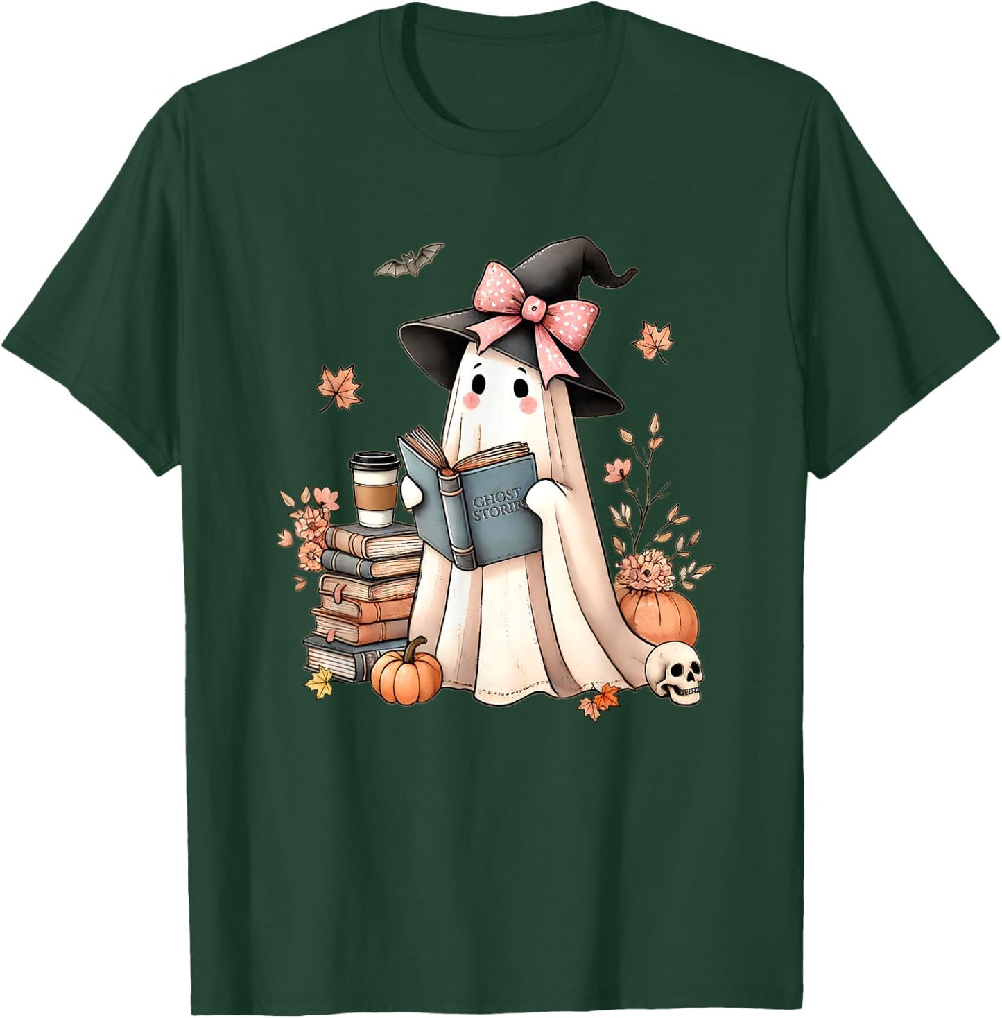 Cute Ghost Reading Book Librarian Book Lover T-Shirt - T-Shirt | Forest