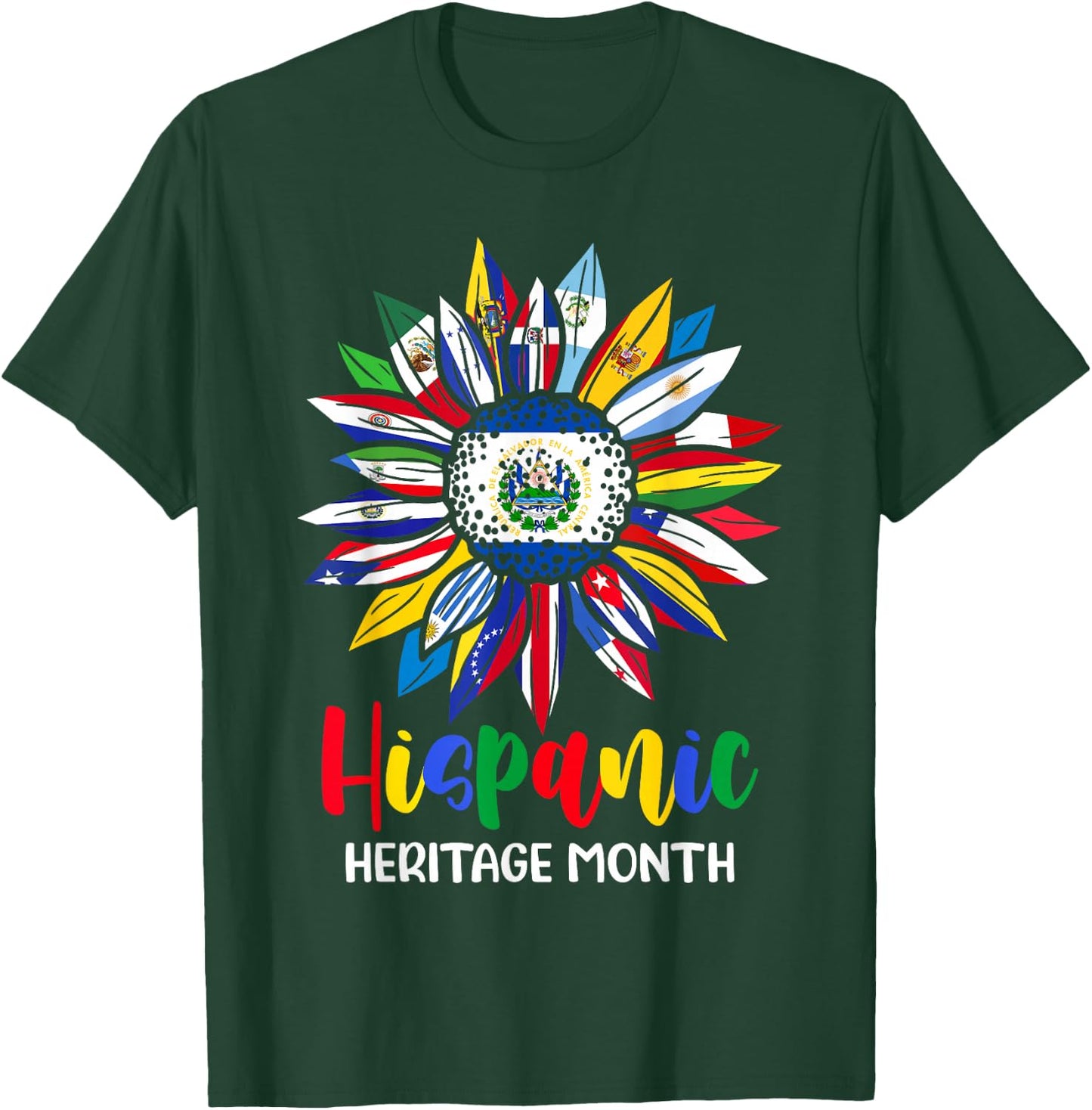 Hispanic Heritage Month El Salvador Flag Sunflower Latino T-Shirt - T-Shirt | Forest