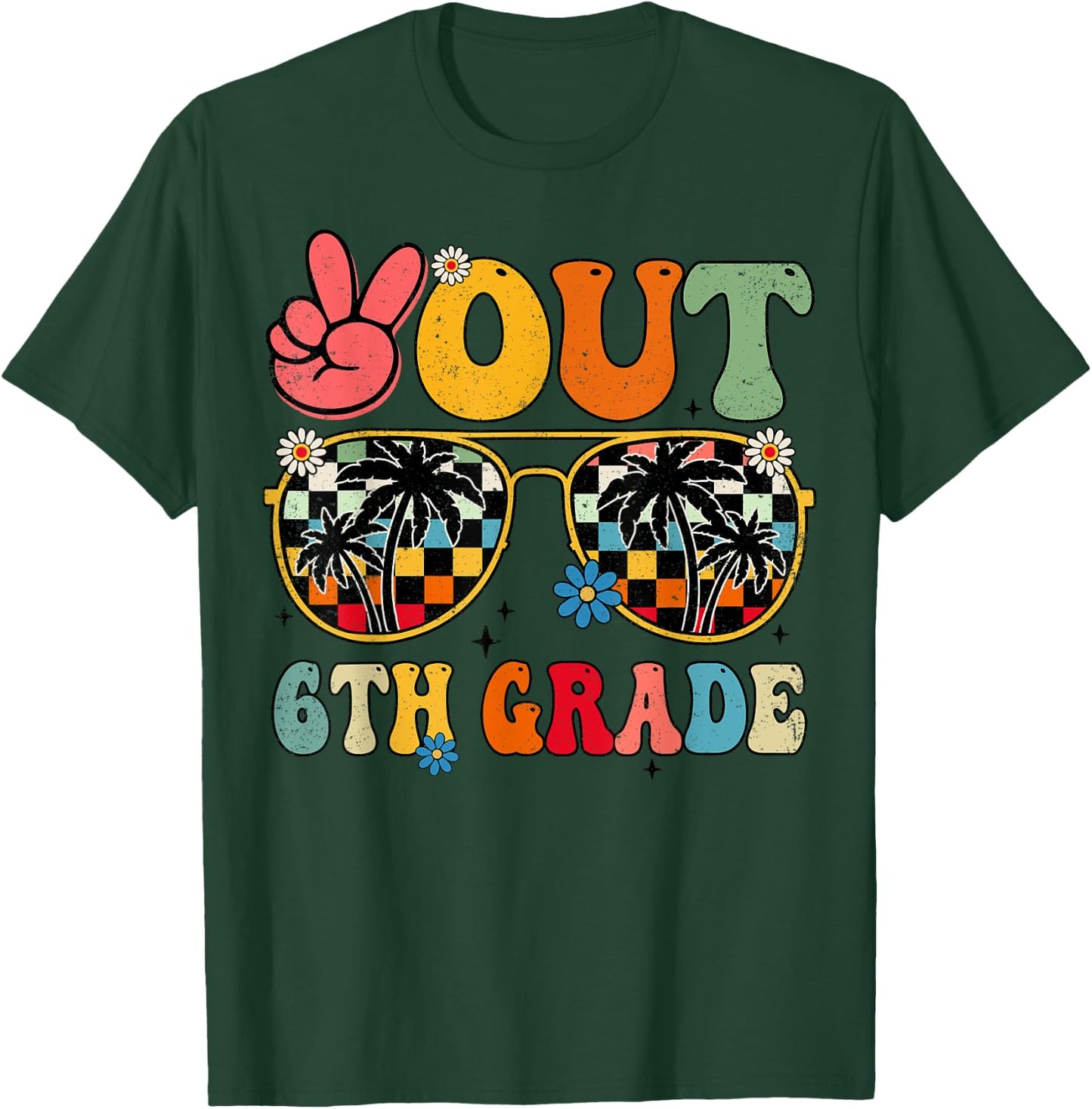 Peace Out 6th Grade Retro Groovy Summer Sunglasses Kids T-Shirt - T-Shirt | Forest