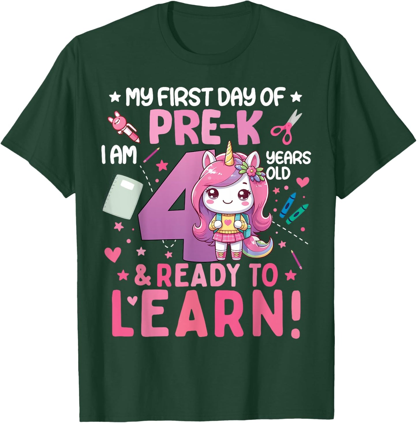 My First Day Of Pre-K I'm 4 Years Old And Ready To Learn Kid T-Shirt - T-Shirt | Forest