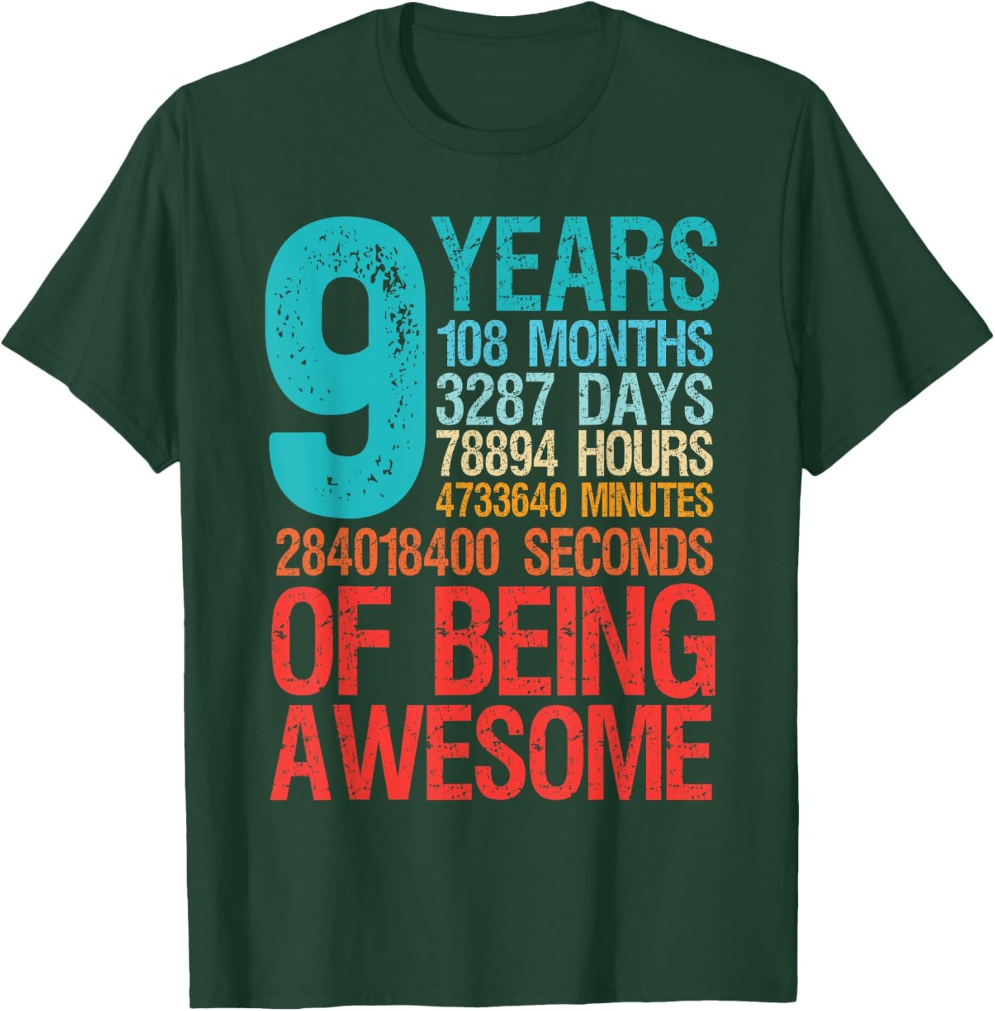 9 Years Old 108 Months Nine Birthday Boys Girls Kids Retro T-Shirt - T-Shirt | Forest