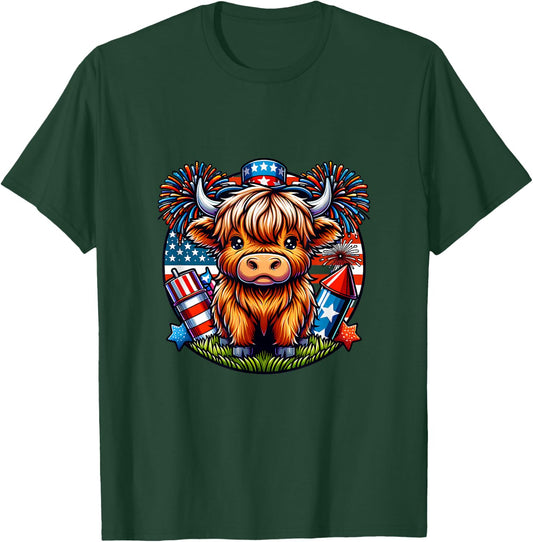 4th of July Highland Cow Patriotic Cute Cow Farmer T-Shirt - T-Shirt | Forest