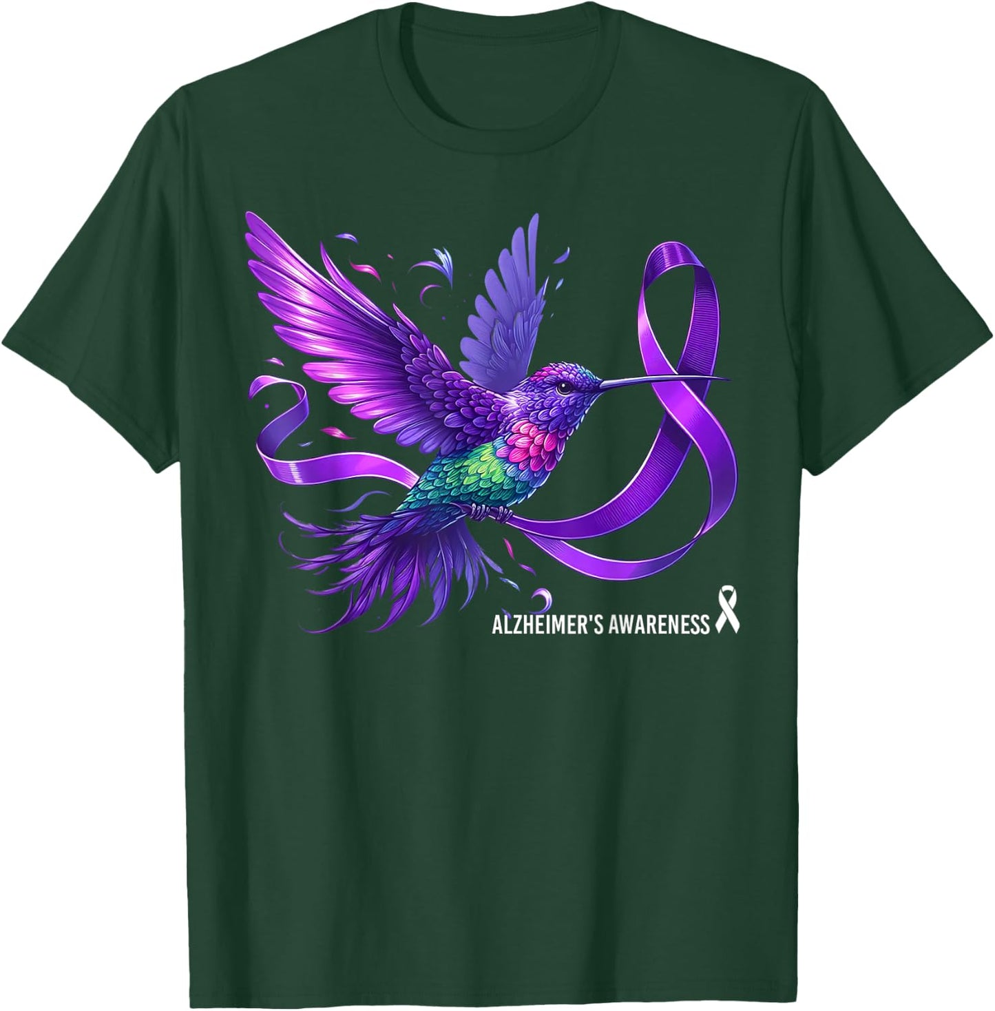 Hummingbird Holding Purple Ribbon Alzheimer's Awareness T-Shirt - T-Shirt | Forest