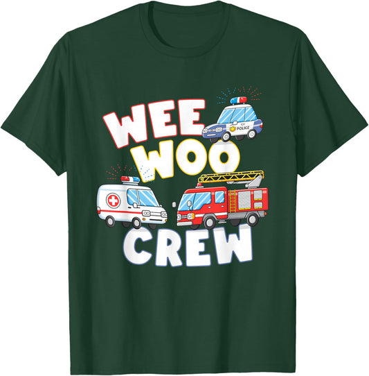 Wee Woo Crew Cute Ambulance Firetruck Police Car T-Shirt - T-Shirt | Forest