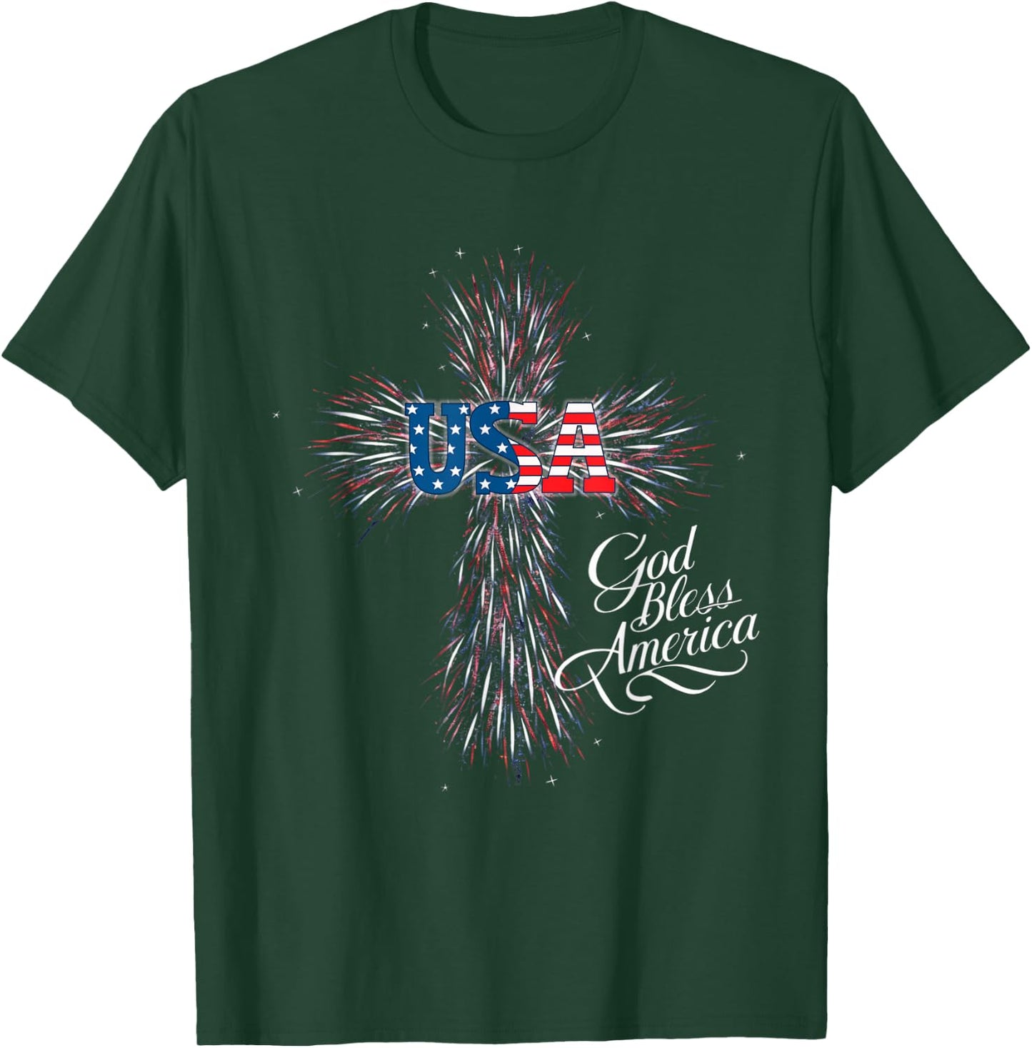 USA God Bless America Patriotic Fireworks Cross Women Men T-Shirt - T-Shirt | Forest