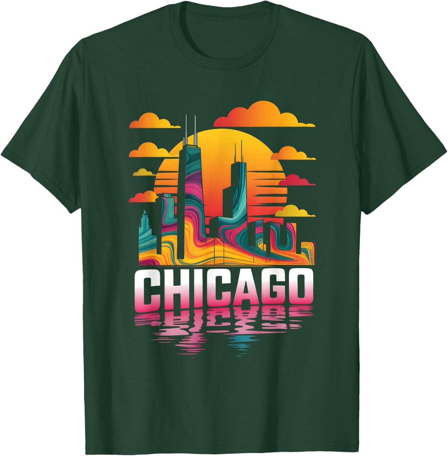 Chicago City Skyline Retro Sunset Illinois Travel Souvenir T-Shirt - T-Shirt | Forest