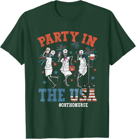 Vintage Skeleton Ortho nurse Funny 4th Of July Gifts Women Men T-Shirt - T-Shirt | Forest