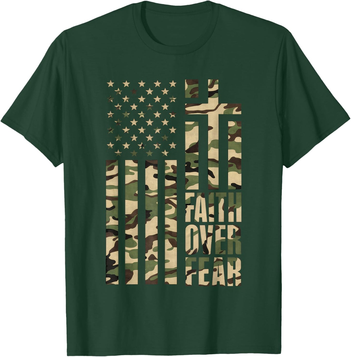 Christian USA Flag Cross Back Print Faith Over Fear Top T-Shirt - T-Shirt | Forest