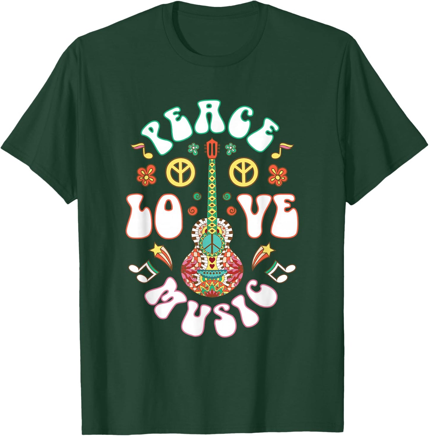 Hippie Hippies Peace Love Music Guitar Retro Hippy Gift T-Shirt - T-Shirt | Forest